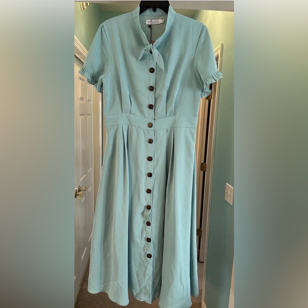 Ivy City Co Melody Teal Button Down Tie Neck Dress Size Large